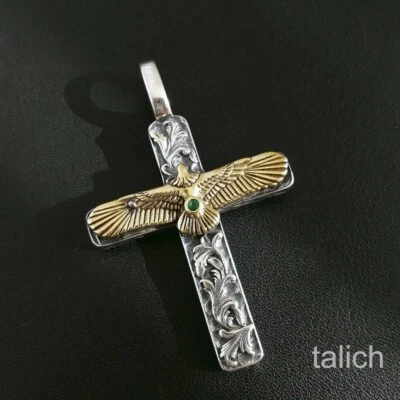925 Sterling Silver Cross Pendant with Shiny Brass Flying Eagle & Ornate Vines - Image 1 of 4