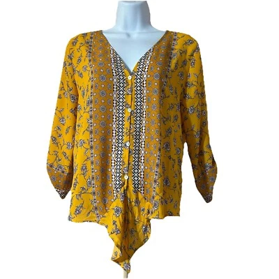West Kei 3/4 Sleeves Top Blouse Women Small Mustard Yellow V Neck Floral Print - Image 1 of 4