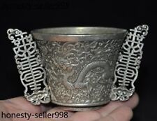 4'' Marked China dynasty Tibetan silver dragon loong statue goblet wineglass cup