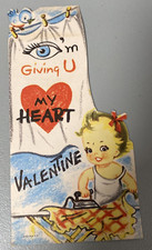 Vintage Valentine Card Girl Bird Eye Ironing My Heart 3.5" X 7" Signed