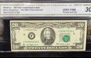 1977 $20 Federal Reserve Note, error-minor faulty alignment. Very Fine 30 - Picture 1 of 4