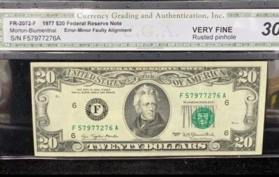 1977 $20 Federal Reserve Note, error-minor faulty alignment. Very Fine 30 - Image 1 of 4