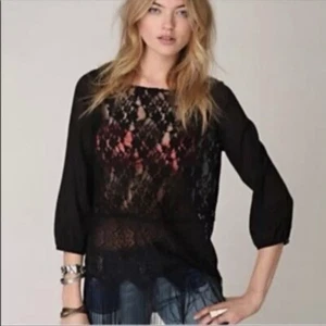 Free People Windows of Lace Black Fringe Top Shirt Festival Concert Sz M - Picture 1 of 9