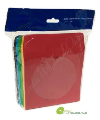 100 CD DVD Assorted Multi Color Paper Sleeves with Window and Flap Envelopes