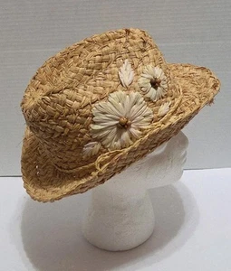 Capelli Straworld Womens Vtg. Natural Straw Hat W/pink Woven Raffia Flowers Sun - Picture 1 of 14