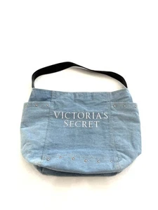 Victoria's Secret Denim Tote Large Blue Rose Gold Studded Logo Shoulder Bag - Picture 1 of 15