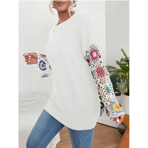 Boho Floral Multicolored Sleeve Crochet Ivory Sweater Size Small New 🤍💗🤍 - Picture 1 of 5