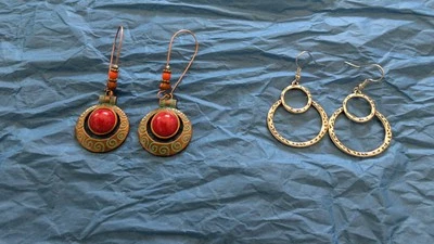 Женские висячие серьги-капли богемное круглые красный агат или серебро кованые два круга - Изображение 1 из 2