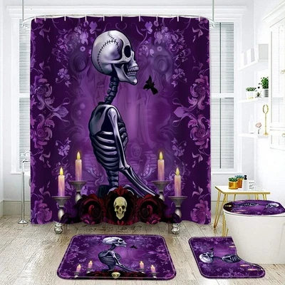 Halloween Shower Curtain and Rugs Bathroom Sets, 4 Pcs Red Rose Skull Purple - Image 1 of 4