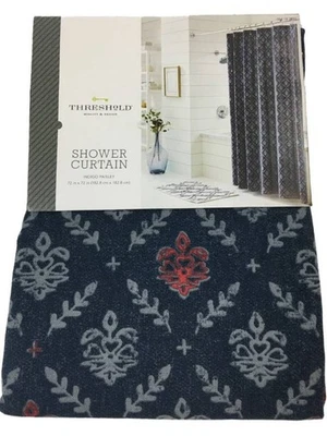 Cortina de Ducha Umbral Azul Índigo Floral Tela Paisley, Decoración de Baño de Algodón Foto 1 de 2