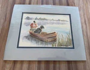 8 by 10 Matted & Signed Watercolor Fisherman & Dog - Picture 1 of 5
