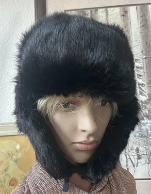 Gorra de trampero negra Ushanka rusa de piel de zorro real de colección con orejeras Foto 1 de 4