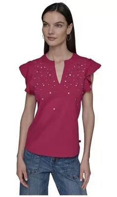 Blusa feminina KARL LAGERFELD PARIS manga curta enfeitada rosa, tamanho XL, nova com etiquetas - Imagem 1 de 4