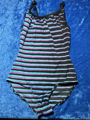 复古 90 年代 Sun Kiss Gitano 泳装尺寸 11/12 黑色紫色条纹状况良好 — 第 1/4 张图片