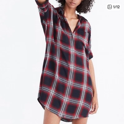 Madewell Courier 格子衬衫连衣裙束腰外衣小号短袖纽扣前口袋 — 第 1/4 张图片