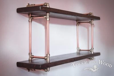 Copper Pipe & Brass STEAMPUNK Wall Shelf INDUSTRIAL Reclaimed Wood Display - Image 1 of 4