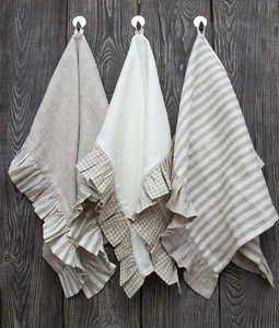 Set 3 Ruffled Linen Kitchen Towels gray stripe ivory with loop Stonewashed beige - Picture 1 of 12