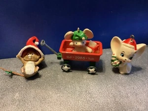 3 Small Hallmark Mice Ornaments Vintage No Box (Wagon Has Small Chip) Lot #C2401 - Picture 1 of 5