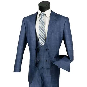 VINCI Men's Blue Sharkskin Glen Plaid 3pc Classic-Fit Suit - NEW - Picture 1 of 3
