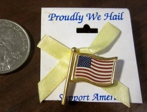 USA Waving American Flag Lapel Pin Button Red White Blue Yellow Ribbon NEW - Picture 1 of 3
