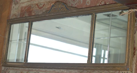 Antique Victorian 3-Panel Beveled Mirror Wood Floral Gesso Gold Frame 47.5"x17" Cover