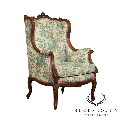 Lawsonia French Louis XV Style Vintage Carved Walnut Bergere Wing Chair Cover