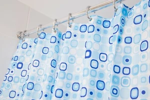 Croydex Waterproof Shower Curtain, Blue Geo Mosaic Fabric Tear Resistant Curtain - Picture 1 of 3