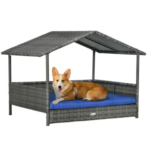 Wicker Dog House Outdoor w/ Canopy, Rattan Dog Bed with Water-resistant Cushion - Picture 1 of 8