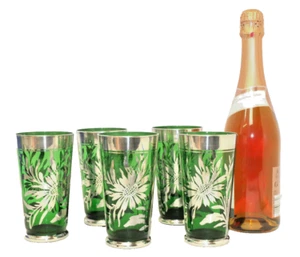 5er Set B.Q Champagner Becher grünes Glas 925er Silber Overlay H. 14,5 cm 400 ml - Picture 1 of 12