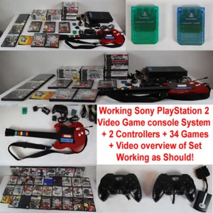 Working Sony PlayStation 2 Video Game console System + 2 Controllers + 34 Games - Picture 1 of 24