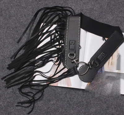 Women Faux Leather Long Fringe Tassel Skirt Belt Stretch Waistband Punk Clubwear - Image 1 of 4