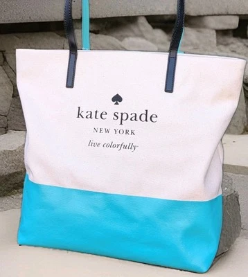 NUEVO Bolso de Mano Kate Spade BASIN VIEW Bon Shopper LOGOTIPO LONA Cuero Cartera Verde azulado Foto 1 de 4