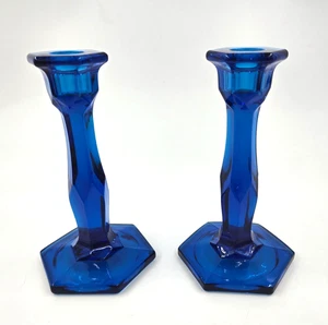 Fenton ? Cobalt Blue Glass Candlestick Holder Set - Unknown Maker Art Glass - Picture 1 of 4