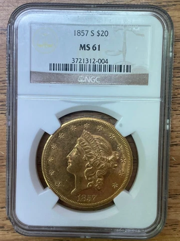 1857 S $20 Liberty Head Gold Double Eagle NGC MS 61, Early San Francisco Date Cover