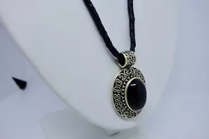 Sterling & Onyx Pendant ATI Indonesia Braided Leather Cord Necklace Toggle Clasp - Picture 1 of 7