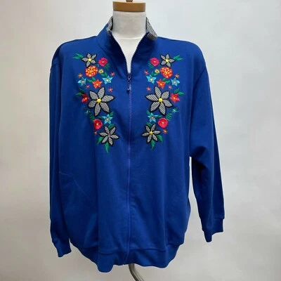 Свитер на молнии Alfred Dunner большой синий многоцветный с цветочной вышивкой  - Изображение 1 из 4