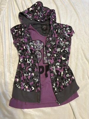 Niñas Top XL~as 14 Be Happy Camisa Suéter Púrpura y Gris Estampado Guepardo Foto 1 de 4