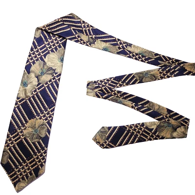 Gravata Hugo Boss masculina listra azul/dourada floral 100% seda feita à mão na Itália - Imagem 1 de 4