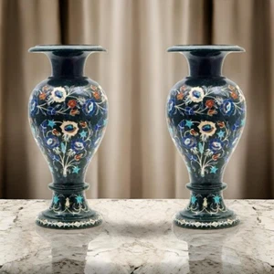 18" Black Marble With Multi Stones Flower Vase Set Of 2 Pcs Luxury Home Decor - Picture 1 of 7