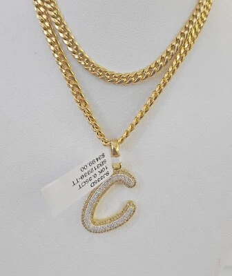 Conjunto de collar colgante de oro amarillo de 18-26" de cadena C con cadena cubana de Miami de 10 k Foto 1 de 4