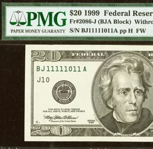 1999 $20 Federal Reserve Note PMG 58 - Near Solid Binary Serial Number 11111011 - Picture 1 of 3