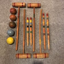ヴィンテージ ユニークな木製クロケット セット マレット 4 個、ボール 5 個、ポール 4 個、フープ 9 個