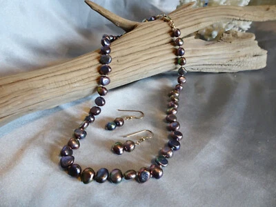 Um conjunto de colar e brinco de pérolas de água doce feito à mão 17 1/2" escuro GF NS16 DNG - Imagem 1 de 4