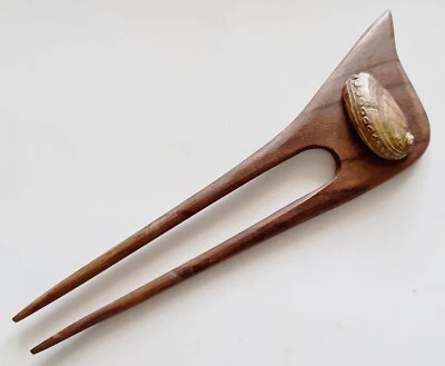 AUTHENTIC HANDMADE WOODEN HAIR PIN STICK PICK SONO WOOD WITH NATURAL SEA SHELL - Image 1 of 3
