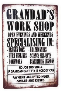 Grandad's Work Shop Specializing In Tin Sign, Garage Sign, Family Sign - Picture 1 of 2