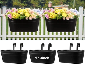 3 Pcs 17.3 Inch Large Metal Iron Hanging Flower Pots Outdoor Rail Planter with D - Picture 1 of 12