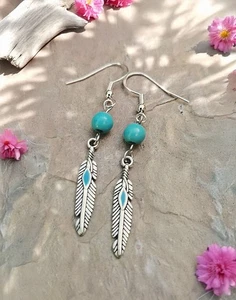Tibetan Silver FEATHER DANGLY EARRINGS Turquoise BEAD 925 SILVER HOOKS BOHO - Picture 1 of 4