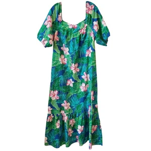 Vintage Hilo Hatties Maxikleid Hawaii grün rosa Blumen XL Hawaiiana Baumwolle Vintage - Bild 1 von 8
