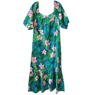 Maxi Vestido Floral Vintage Hilo Hatties Hawaii Verde Rosa XL Algodón Hawaiano De Colección Foto 1 de 4