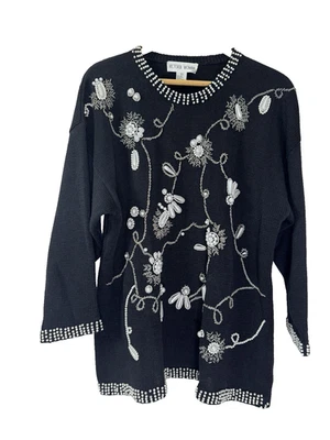 Suéter Vintage Mujer 2X Negro Adornado Cuentas Perla Abuela Glam Joyas 3D Foto 1 de 4